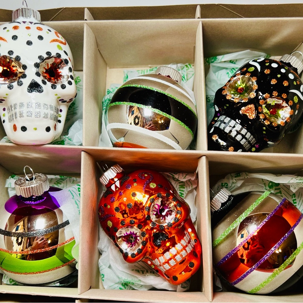 6 Halloween Radko Day of the Dead Skulls & Balls Glass Ornaments Spooky Gothic